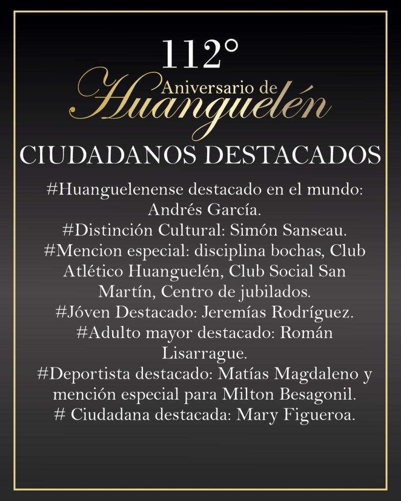 112° aniversario de Huanguelén: La comunidad eligió a sus vecinos destacados. El delegado municipal de Huanguelén Diego García junto a representantes de las áreas de Cultura, Deportes y Personas Mayores; presentó quienes son los vecinos elegidos por la comunidad para ser destacados en este nuevo aniversario: -Huanguelenense Destacado en el mundo: Dr. Andrés García. Posee una Licenciatura y Maestría en Ciencias Ambientales, Facultad de Agronomía, Universidad de Buenos Aires, Argentina y un Doctorado en Biología, CONICET (Consejo Nacional de Investigaciones Científicas y Técnicas), Universidad Nacional del Sur, Argentina.Actualmente es Investigador postdoctoral (beca Georg-Forster financiada por la Fundación Humboldt) en el Departamento de Ecología del Paisaje en el Instituto de Conservación de la Naturaleza y los Recursos, Universidad de Kiel, Alemania. -Distinción Cultural: Simón Sanseau. Bajista y productor musical. Participó en grabaciones y shows en vivo junto a reconocidos artistas como Facundo Arana, Alex Freiding, Felipe Colombo, Los Súper Ratones, Charly García, Lito Vitale, Palito Ortega, entre otros. -Mención especial: disciplina bochas, Club Atlético Huanguelén, Club Social San Martín, Centro de jubilados. Más allá del trabajo deportivo que llevan a cabo realizan un gran trabajo con distintas generaciones: niños, jóvenes, adultos y adultos mayores generando un espacio de contención. -Joven Destacado: Jeremías Rodríguez. Viaja todos los días a Coronel Suárez a cursar el último año del Profesorado de Educación Física en el Instituto N° 48. Forma parte del equipo del Centro de Rehabilitación Ecuestre Maymará Huanguelén, demostrando excelentes condiciones profesionales. Siempre en la búsqueda de actividades motivadoras para niños, adolescentes y adultos. Destacándose por su cálida y respetuosa relación para con las personas con capacidades diferentes. Se preocupa por la inclusión de todos sus alumnos promoviendo la solidaridad y empatía. Trabaja diariamente con gran predisposición con los más pequeños en la escuelita de fútbol del Club Atlético Huanguelén, forma parte del plantel de futbol mayor del C.A.H. -Adulto mayor destacado: Román Lisarrague. Tiene 91 años y conforma la Sub-Comisión de Bochas, deporte que ha realizado y realiza. Este año -junto a su hijo Hugo-, participó de Los Juegos Bonaerenses llegando a la etapa regional, capturando la atención de sus colegas participantes y del público en general porque a pesar de sus 91 años, jugó cumpliendo a rajatabla el reglamento, no permitiendo se lo considere en nada, un SEÑOR dentro y fuera de la cancha, dejando la puerta abierta, donde manifestó que el próximo año volverá a inscribirse. -Deportista destacado: Matías Magdaleno salió de las divisiones inferiores del Club Atlético Huanguelén para ingresar a los 13 años en las inferiores del Club Estudiantes de La Plata siendo en la actualidad jugador de Reserva de la institución. -Recibirá una mención especial el piloto de speedway Milton Besagonil por su desempeño en las carreras de nivel internacional, fue deportista destacado en el año 2020. -Ciudadana destacada: Mary Figueroa. Enfermera jubilada que sigue trabajando en forma particular. Acude en forma inmediata ante el llamado de cualquier vecino que la necesite, integra diversas instituciones. / Municipio de C. Suárez