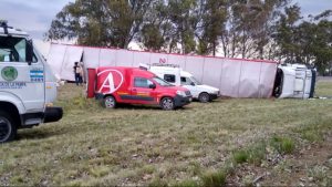 Volcó un camión de Andreani. El chofer culpó a fuerte ráfaga de viento