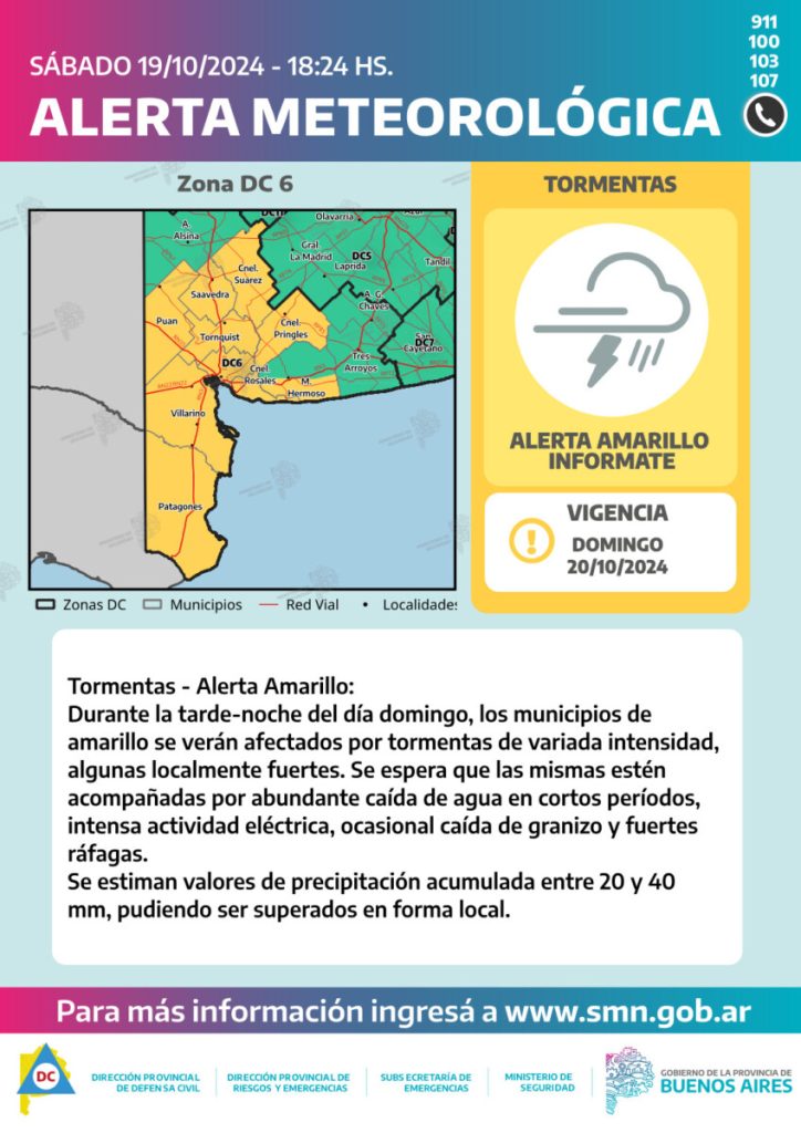 Para la noche de domingo-lunes, alerta amarillo por lluvias y tormentas