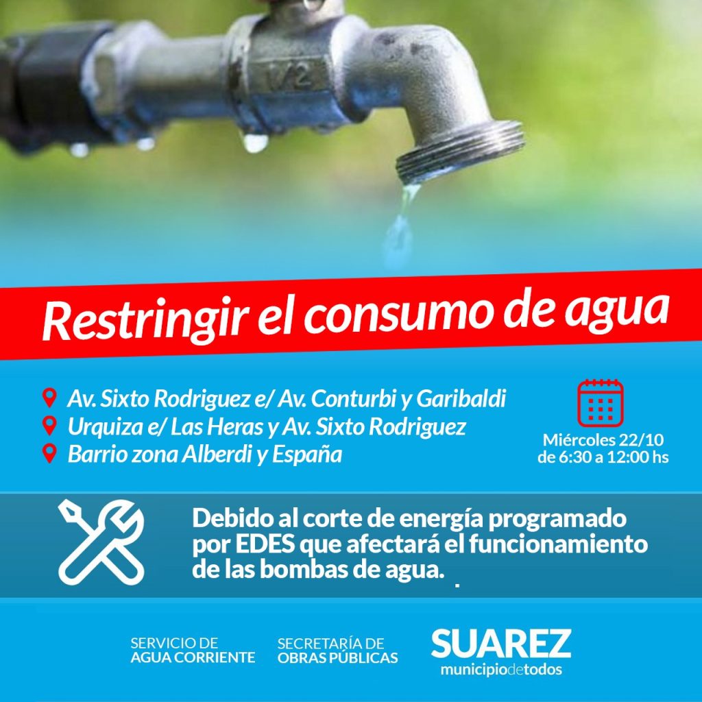 Importante: Restricción del consumo de agua por corte de energía