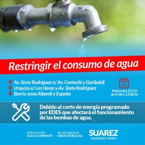 Importante: Restricción del consumo de agua por corte de energía