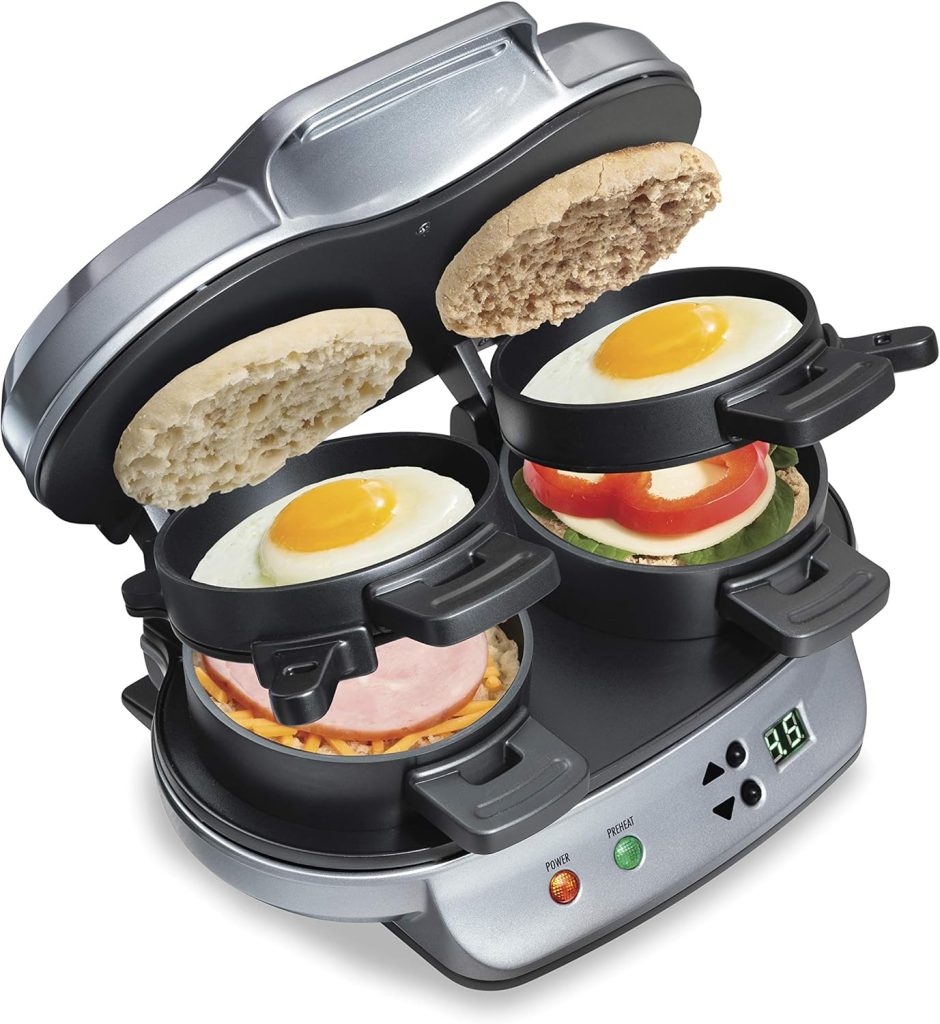 Hamilton Beach Sandwichera de desayuno dual con temporizador, plata 