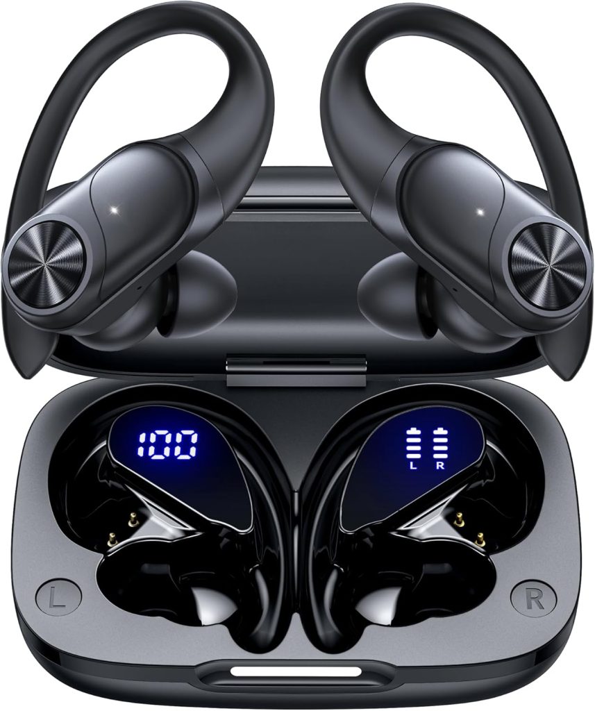 Auriculares Bluetooth inalámbricos 80 horas de reproducción, estuche de carga inalámbrica, pantalla digital, auriculares deportivos con gancho para la oreja, graves profundos