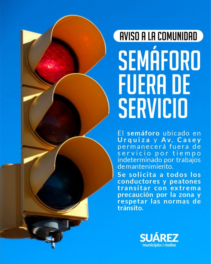 Aviso a la comunidad por semáforo fuera de servicio en la ciudad
