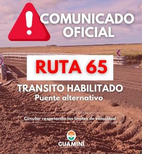 Habilitan para todo tipo de tránsito el puente alternativo sobre la Ruta 65