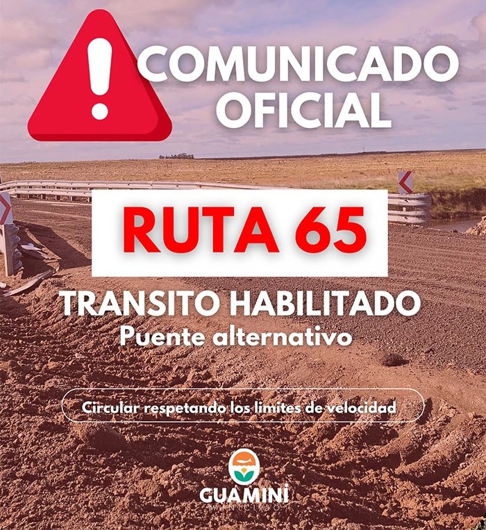 Habilitan para todo tipo de tránsito el puente alternativo sobre la Ruta 65