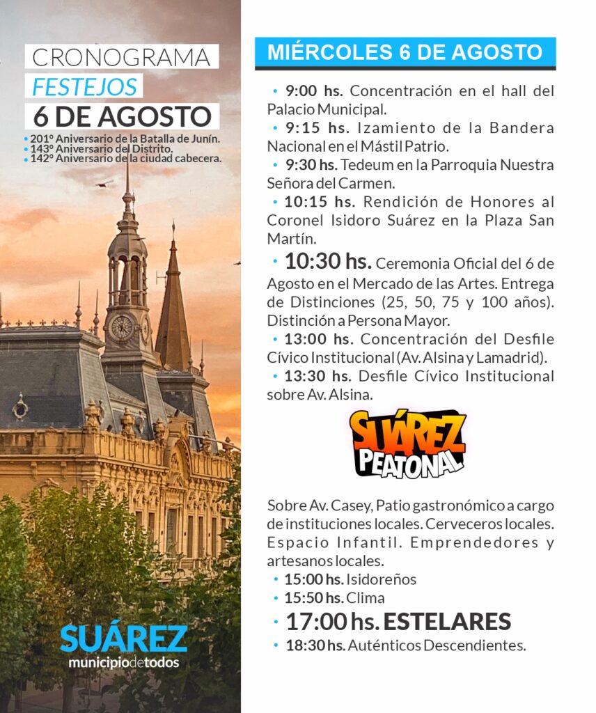 Cronograma de festejos del 6 de agosto y de una nueva Suárez Peatonal